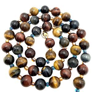 Vtg Tri-Color Tiger’s Eye Bead Necklace Brown Red Blue Natural Stone 19" Boho